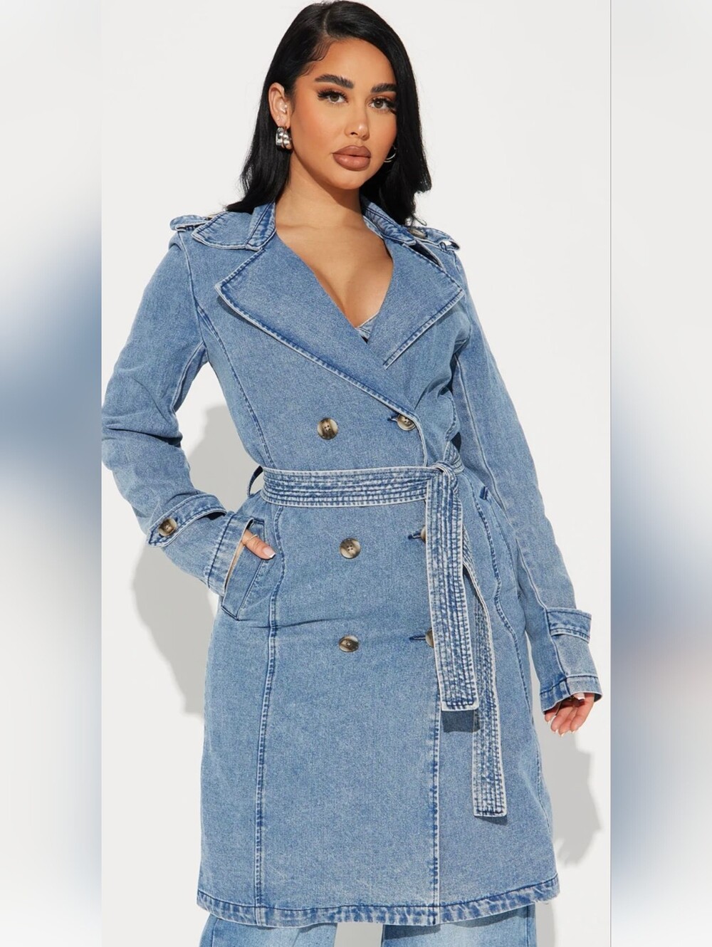 Fashion Nova Take You There Denim Belted Trench Coat Size XL NWT Medium Wash - Picture 3 of 12